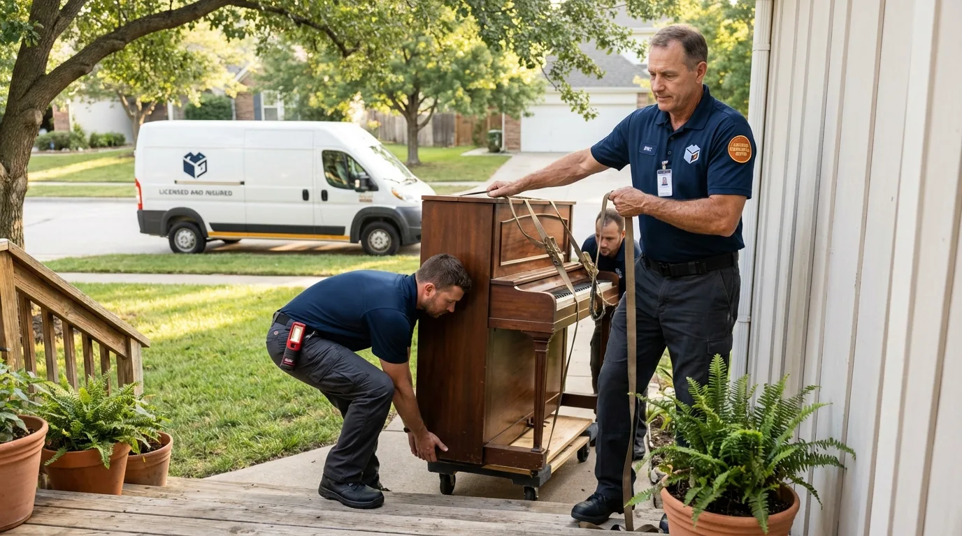 Licensed piano movers securing grand piano in Coldwater, MI