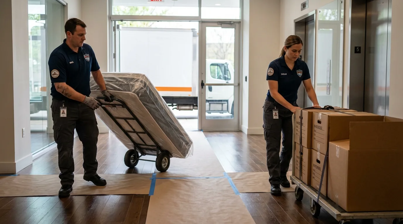 Professional apartment movers loading elevator in Coldwater, MI