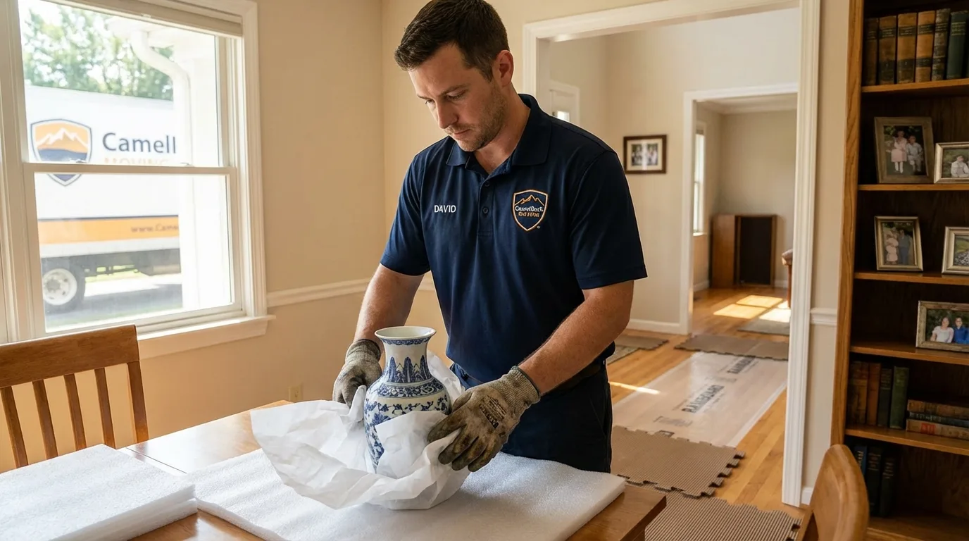Professional crew carefully wrapping antique vase for senior downsizing move in Coldwater, MI